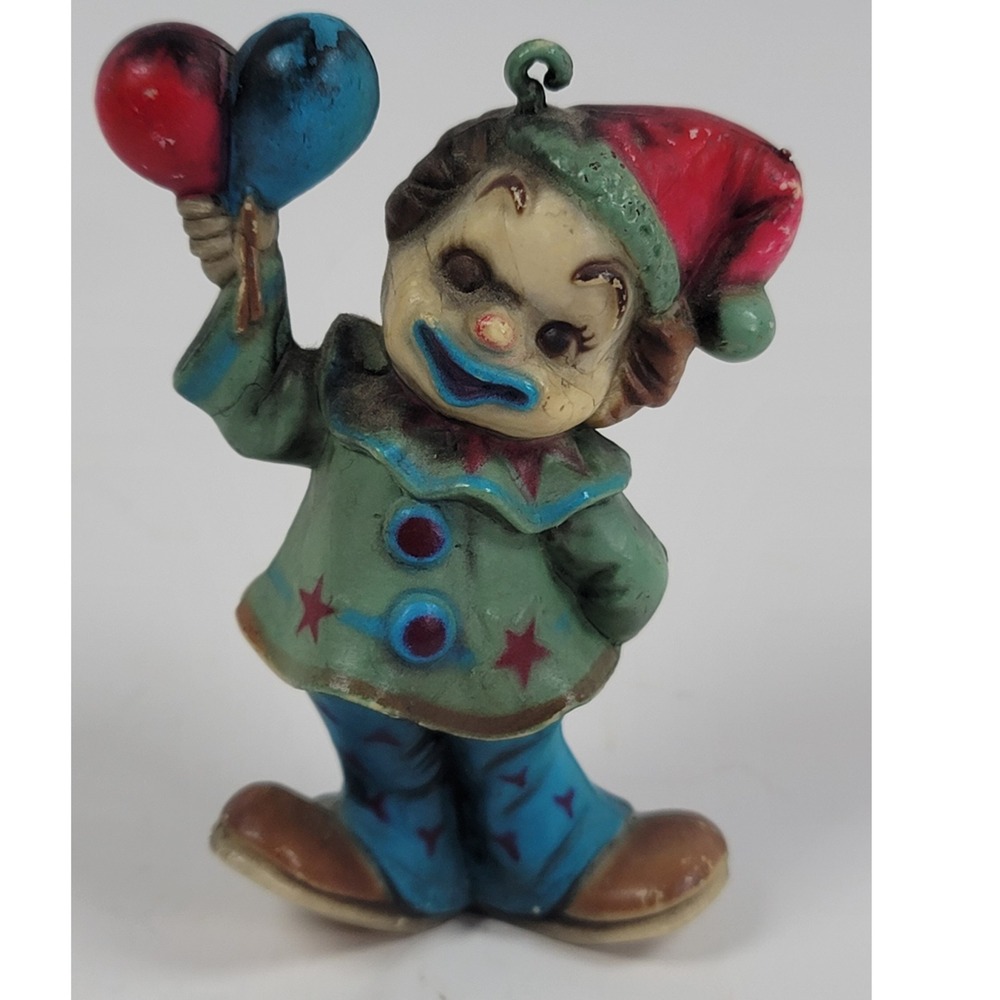 Vintage Clown Figurine Ornament with Balloons Green Jacket Red Hat 2.75 Inch